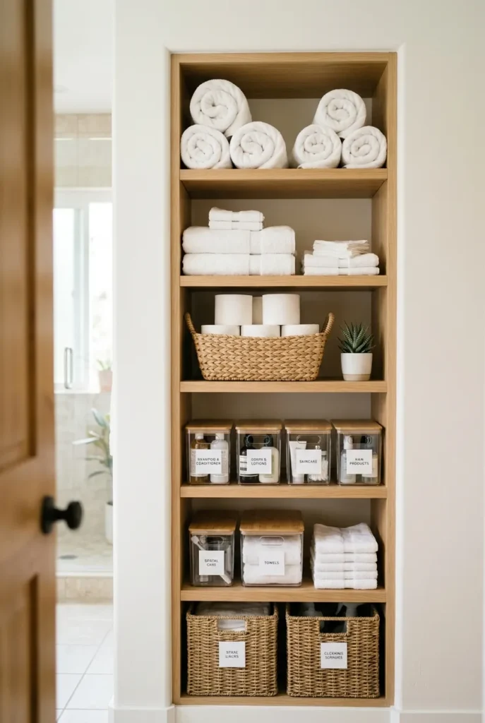 Organized bathroom closet with rolled towels, TP basket, and labeled toiletry bins