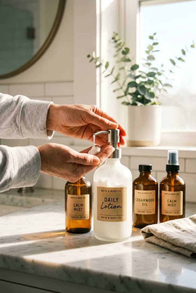 Matching amber dispensers for a clutter-free bathroom countertop