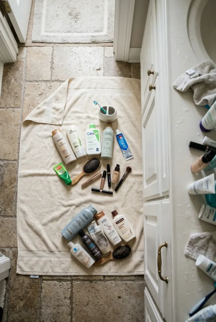 Sorting bathroom counter items using the daily-five decluttering test
