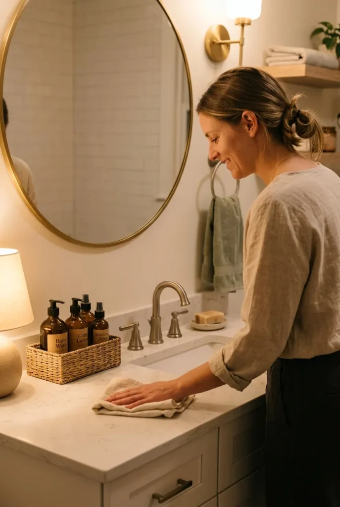 Nightly two-minute reset wiping down the bathroom counter