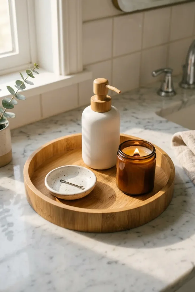 Bamboo bathroom counter tray corralling soap dispenser and ring dish