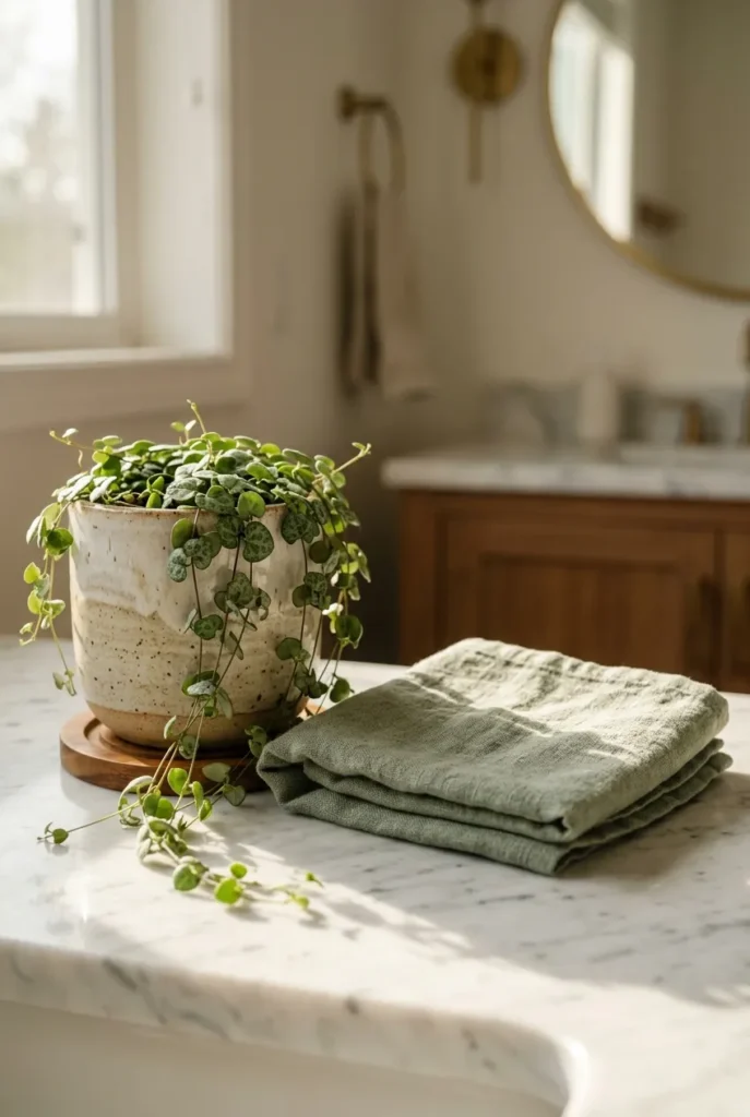 Small plant and linen towel adding warmth to an organized bathroom counter
