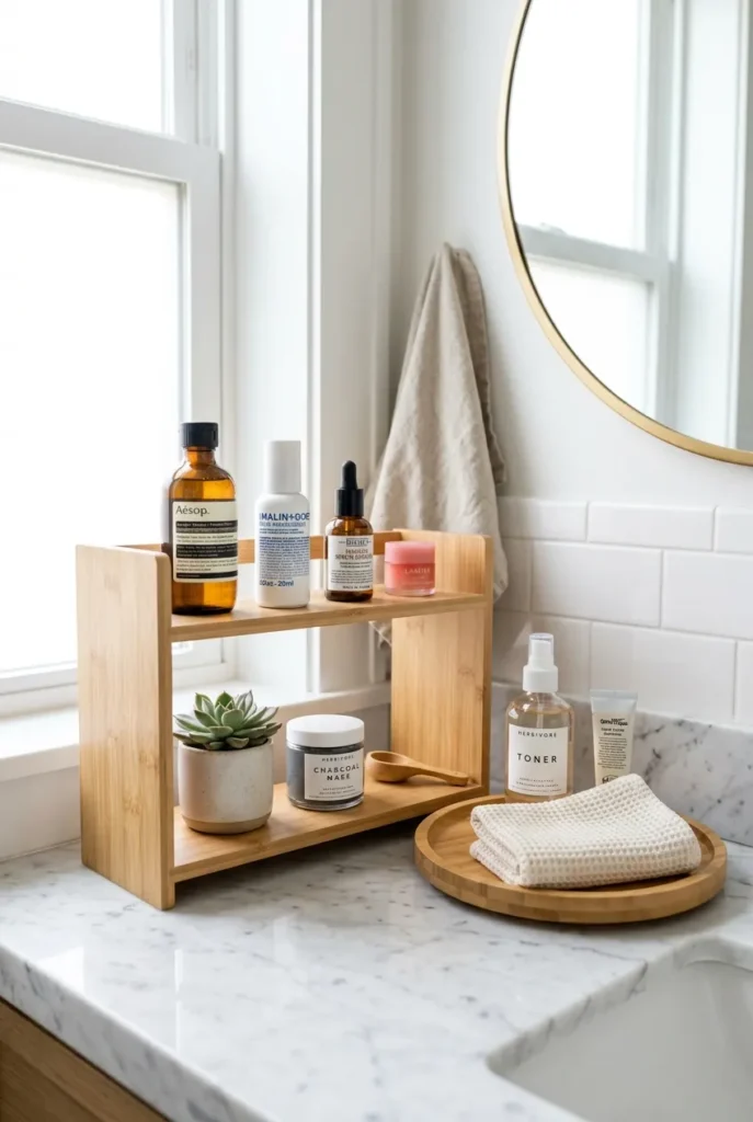 Vertical bathroom counter organizers using a riser and turntable