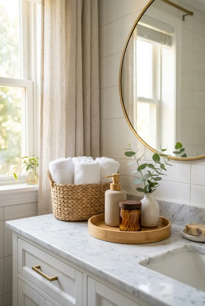 Organized bathroom countertop with bamboo tray, soap dispenser, and rolled towels. Bathroom Countertop Organization