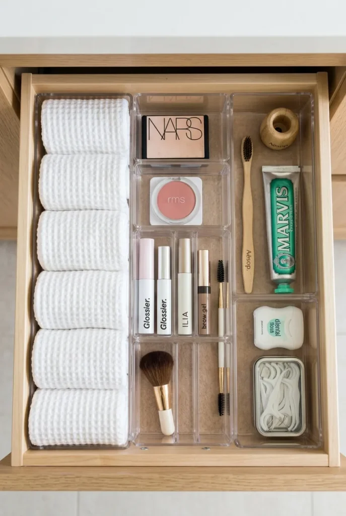 Bathroom vanity drawer with acrylic dividers organizing weekly-use items