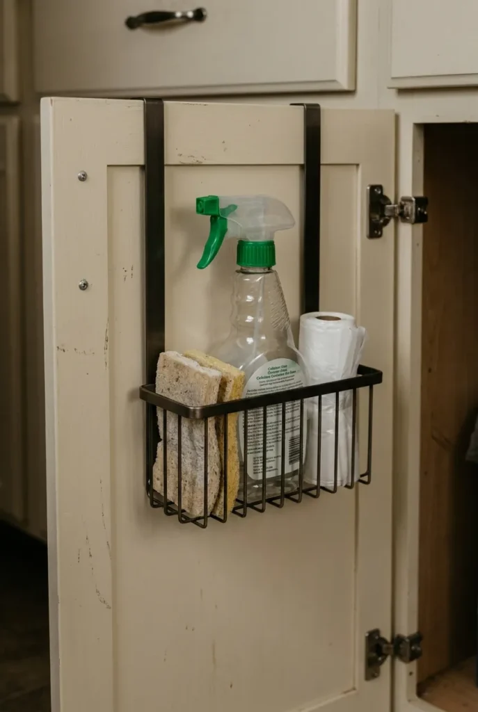 Over-the-door organizer on a cabinet door storing cleaning supplies in a small kitchen