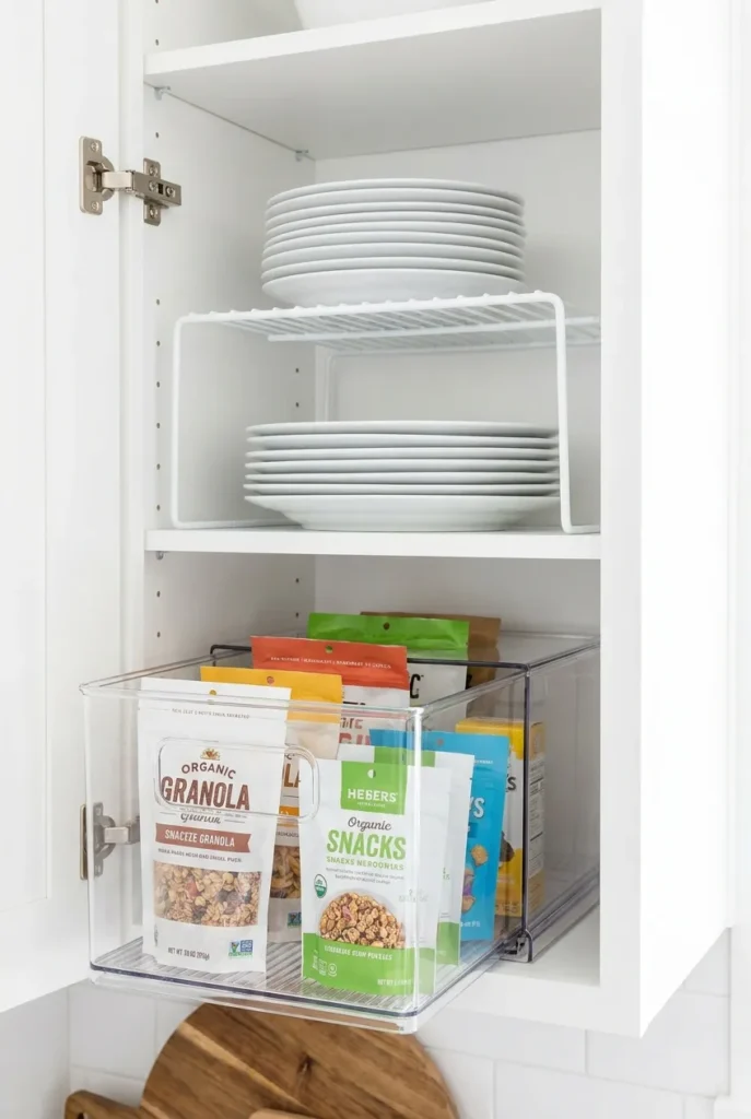 Cabinet shelf riser and clear pull-out bins doubling storage in a small kitchen