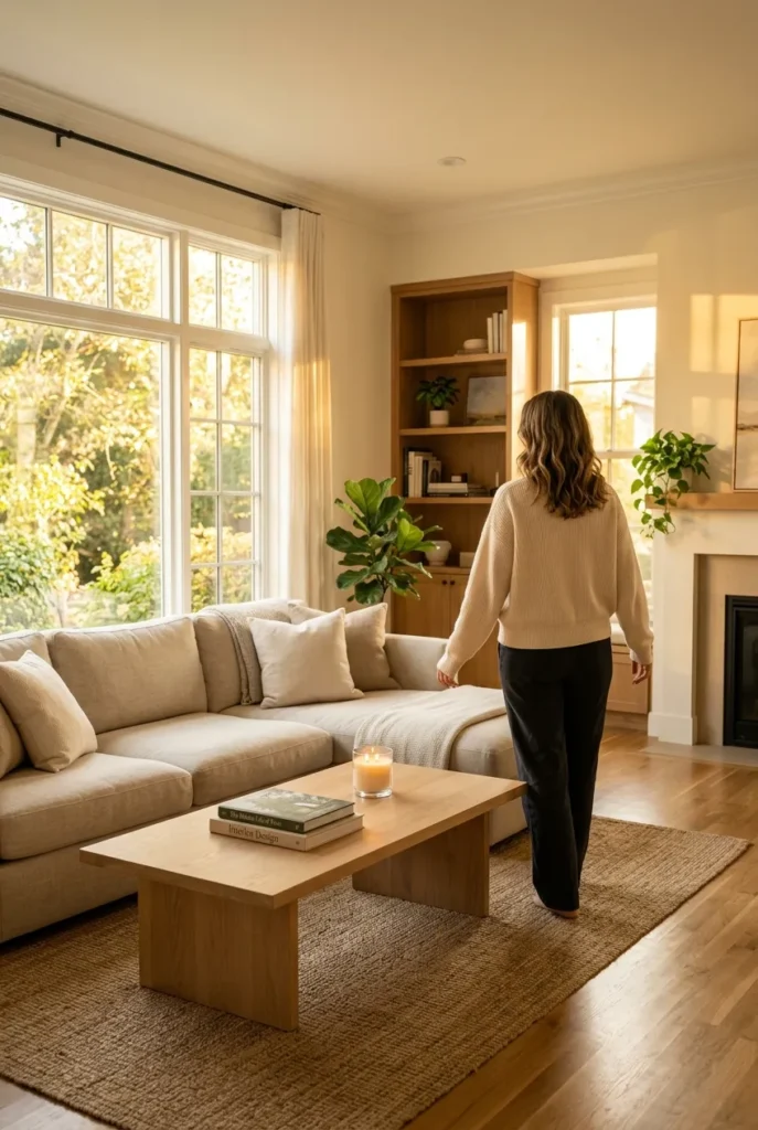 Calm decluttered living room after a gentle start when feeling overwhelmed
