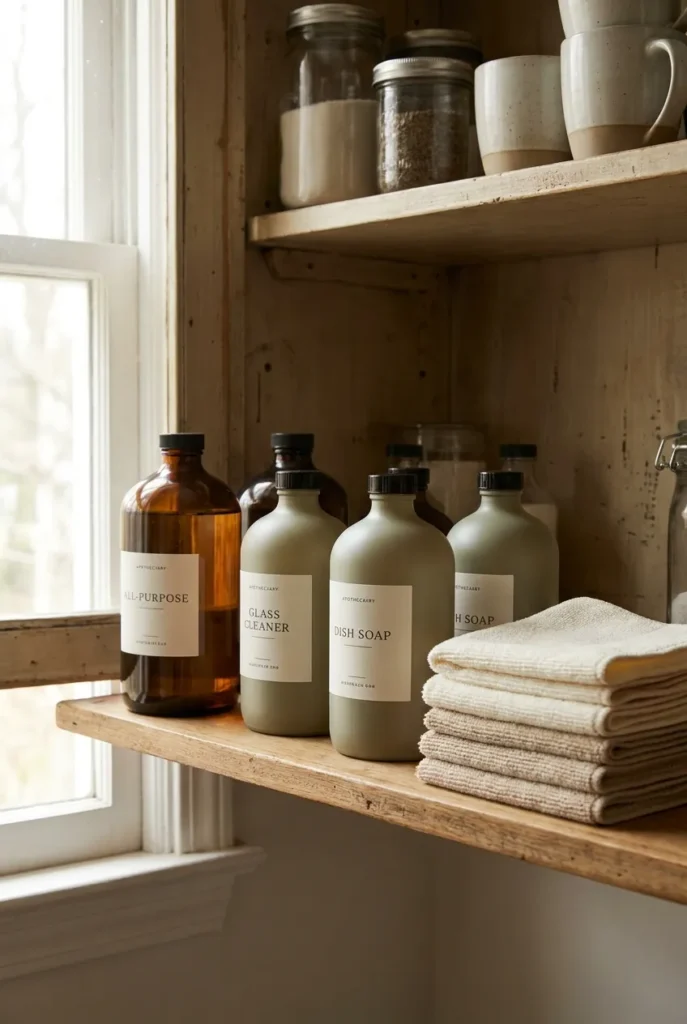 Simple cleaning supplies lineup for a working mom cleaning schedule