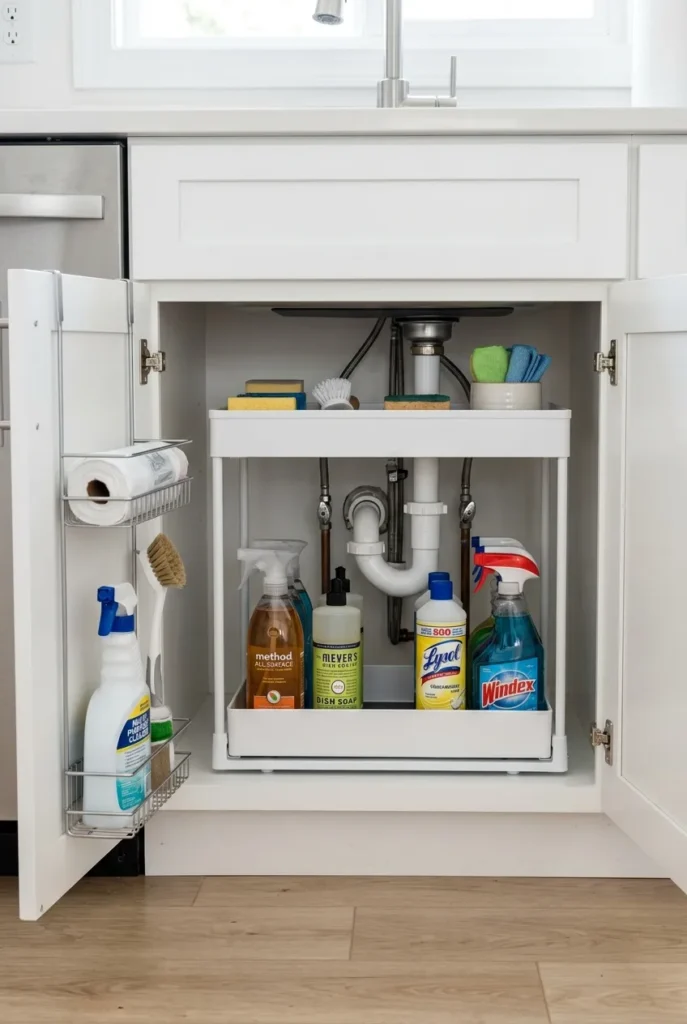 Cleanup zone under sink cabinet with two-tier organizer around the pipes