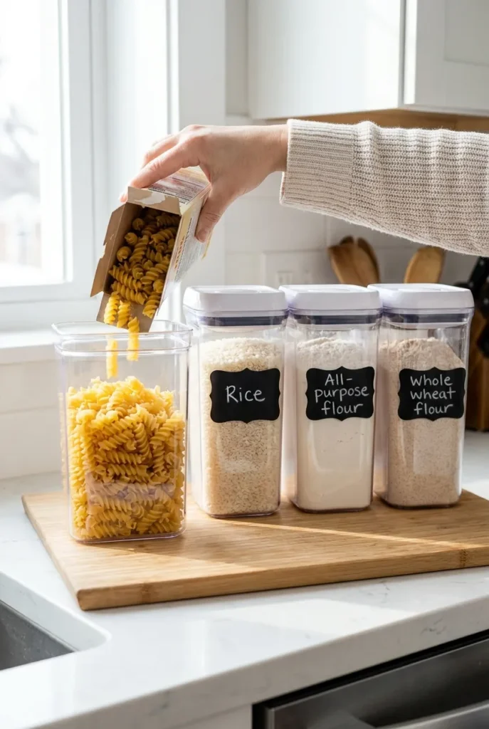 Decanting dry goods into clear OXO POP containers for pull-out pantry bins