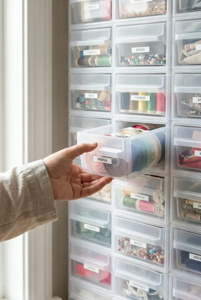 Clear stackable labeled bins holding organized craft supplies