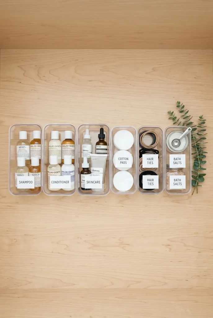 Clear labeled bins organizing bathroom toiletries by category on a shelf