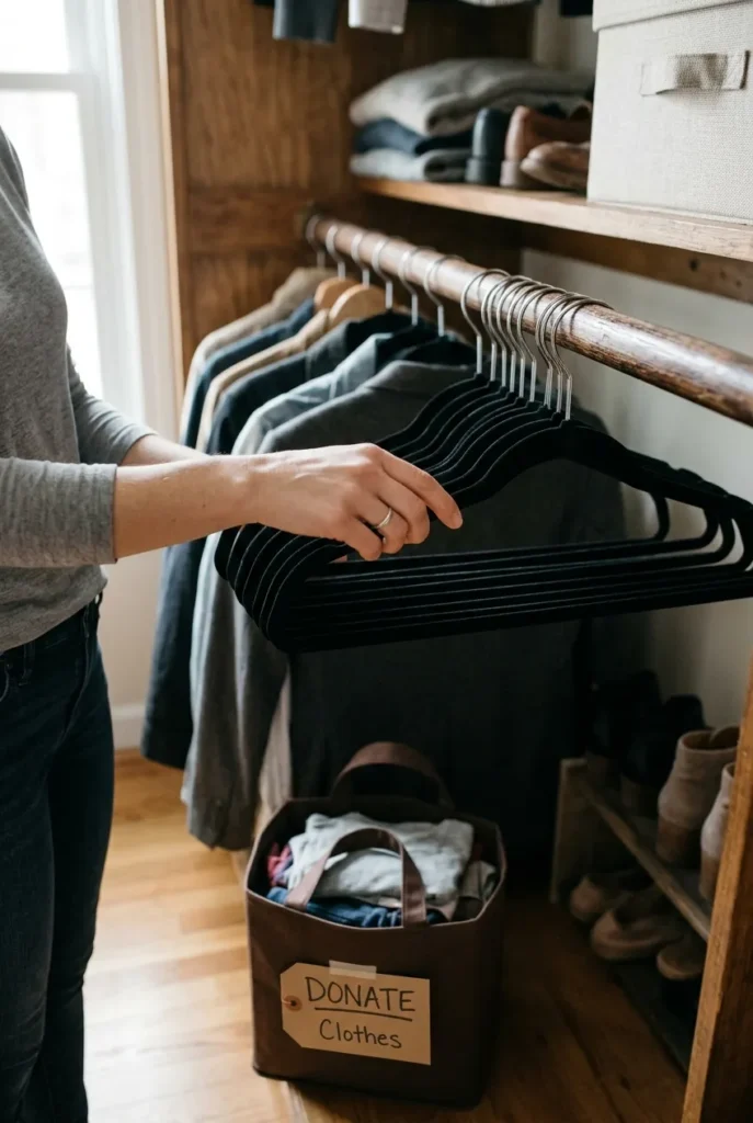 Sorting closet clothes on velvet hangers, where to start decluttering clothes by category
