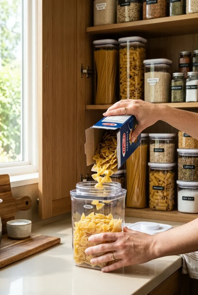 Consumables zone with clear OXO containers in an organized pantry cabinet