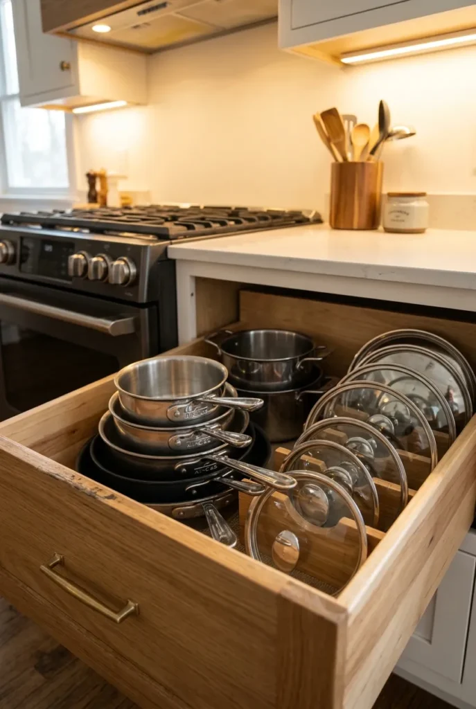 Cooking zone deep drawer with stacked pots and upright lids beside the stove