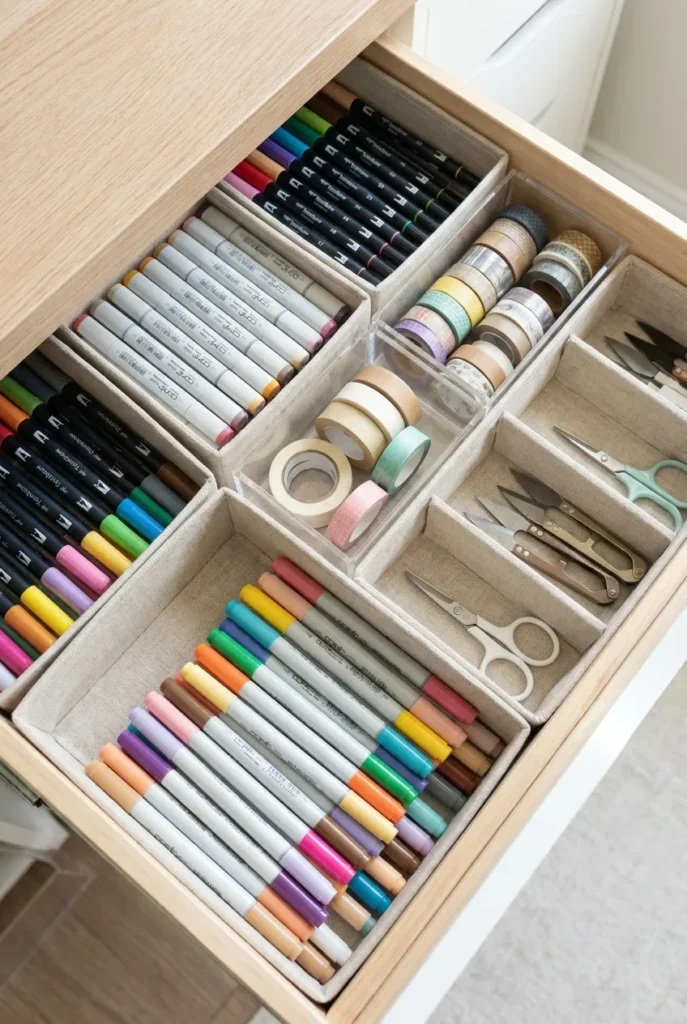 Craft drawer organized with dividers separating markers tape and scissors