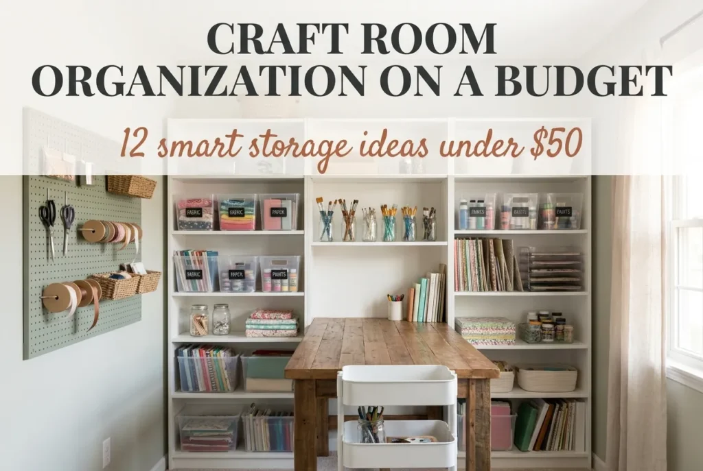 Craft room organization on a budget with clear bins, pegboard, and rolling cart