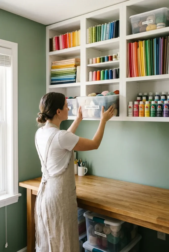 Craft room organization on a budget with clear labeled bins on white shelves