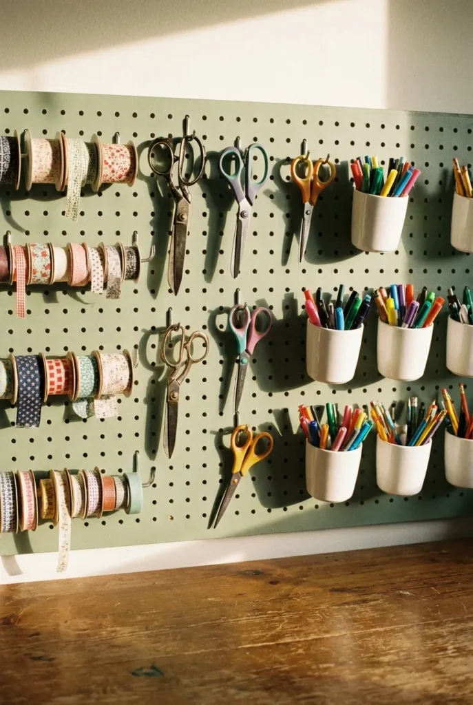Painted pegboard wall storing craft supplies above a desk