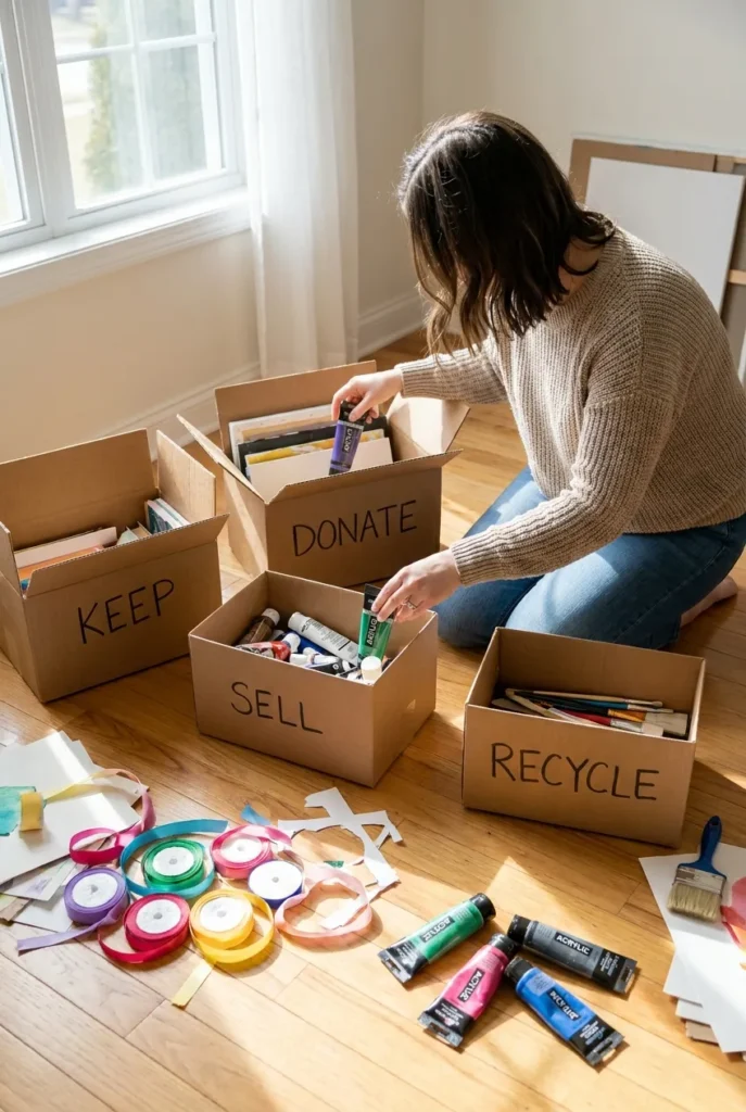 Sorting craft supplies into keep donate sell recycle boxes before organizing