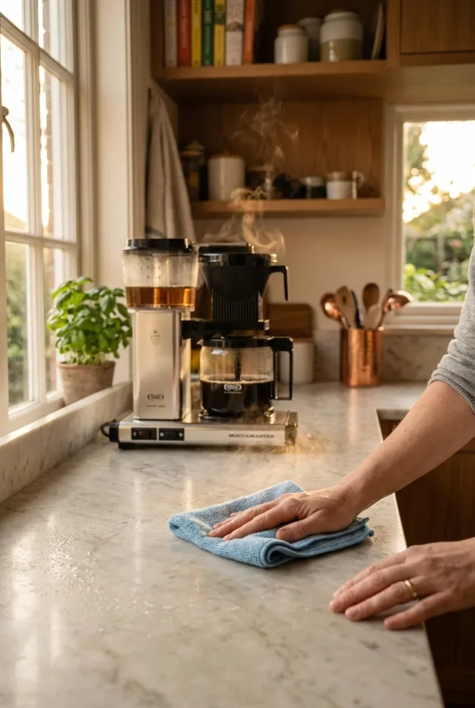 Working mom wiping the counter during her daily cleaning routine while coffee brews