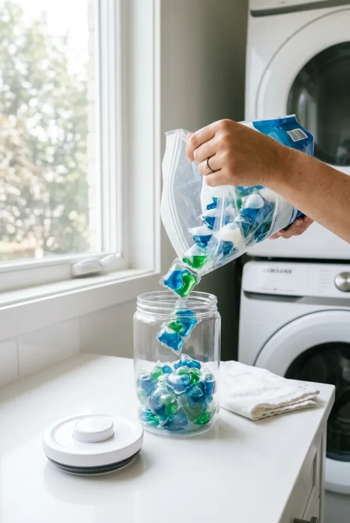 Decanting laundry pods into a clear container for small laundry room organization