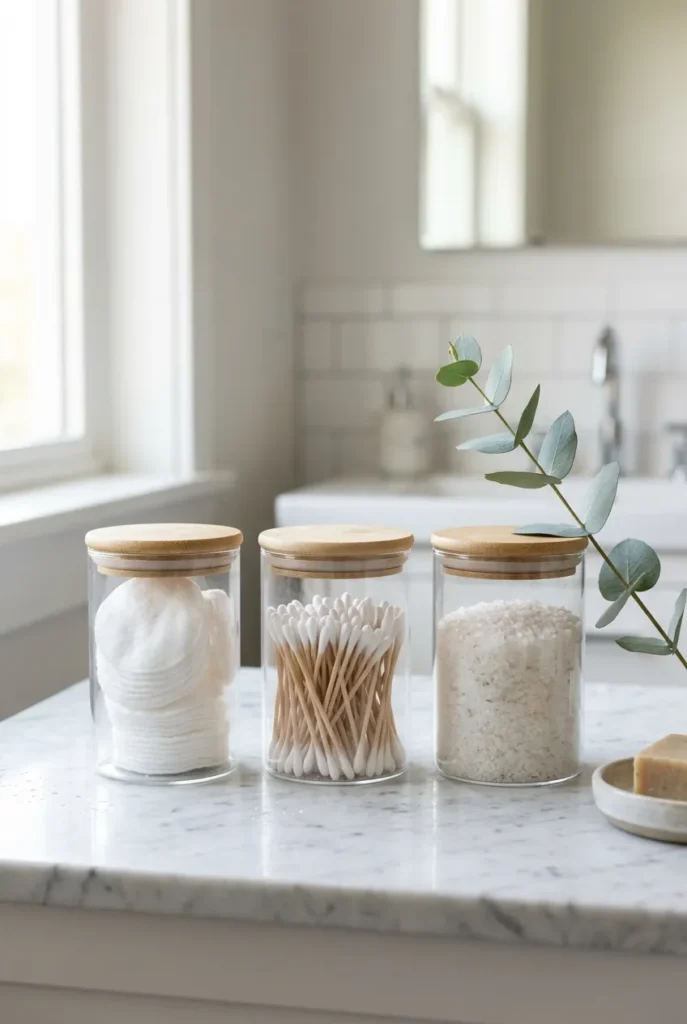 Clear apothecary jars decanting cotton rounds for a bathroom aesthetic on a budget