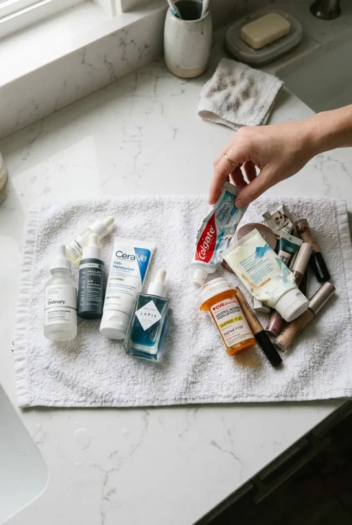 Decluttering bathroom products before starting a budget organization makeover