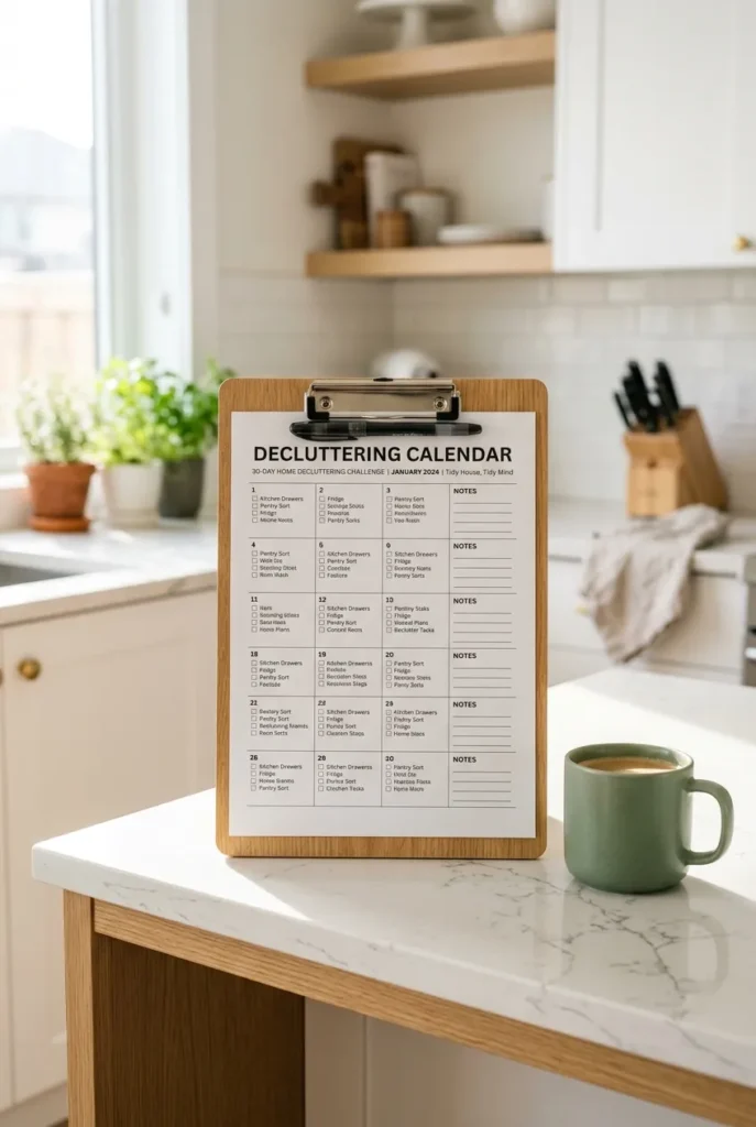 A printable declutter calendar on a clipboard, a plan for where to start decluttering daily