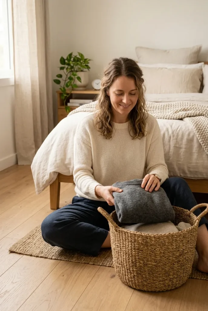 Woman calmly starting to declutter when overwhelmed by sorting clothes into a basket