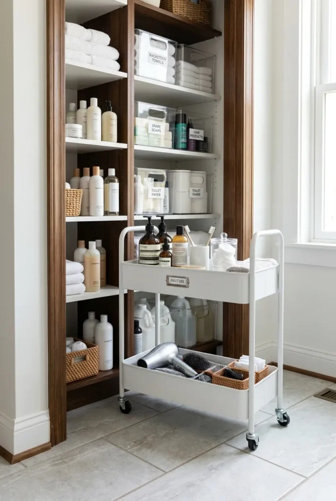 Deep bathroom closet with a pull-out cart solving hard-to-reach back shelves