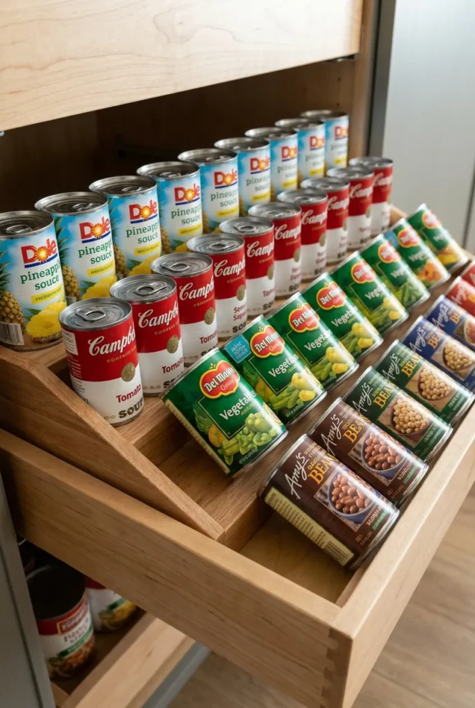 Tiered riser keeps the back of a deep pull-out pantry shelf visible