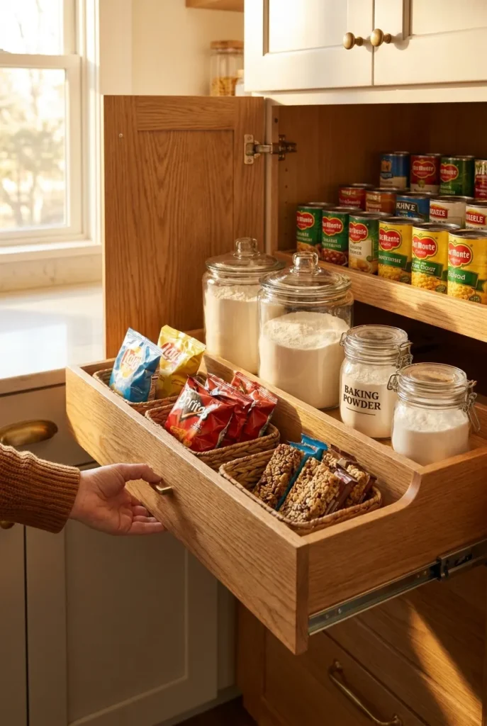 Deep pull-out pantry shelf organized into front, middle, and back zones
