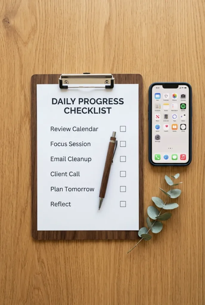 Printed digital declutter checklist on a clipboard beside a tidy phone
