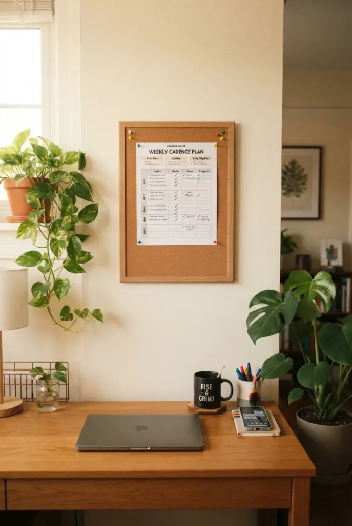 Digital declutter maintenance cadence chart pinned above a desk