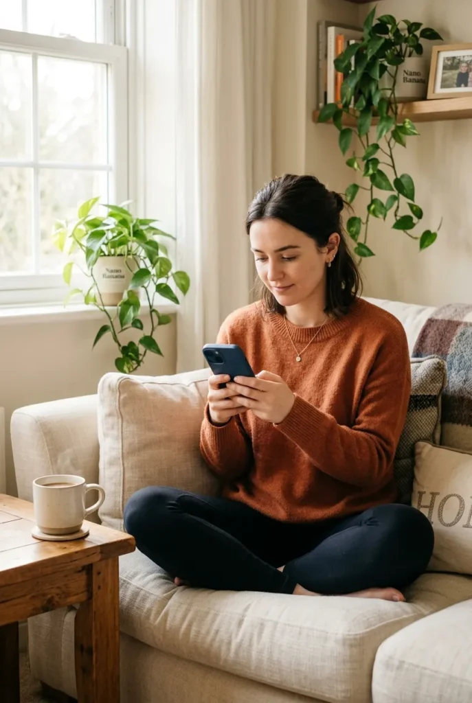 Woman using a digital declutter checklist to tidy her phone home screen