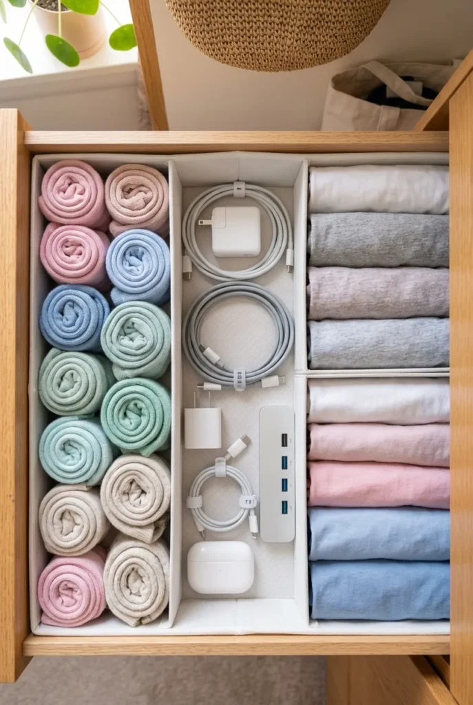 Fabric drawer bins organizing socks and small items in a dorm closet