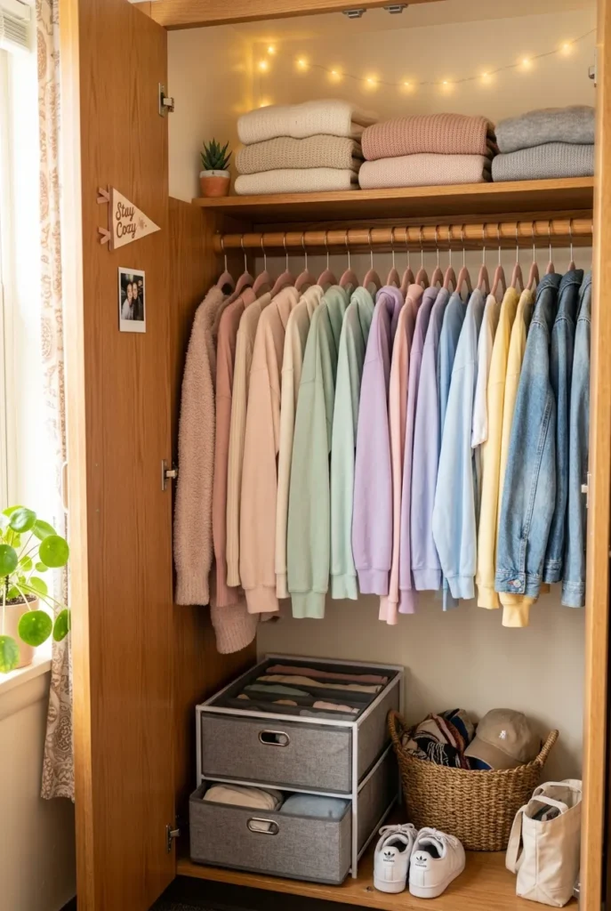 Dorm closet organization in a tiny reach-in with slim hangers and fabric drawers