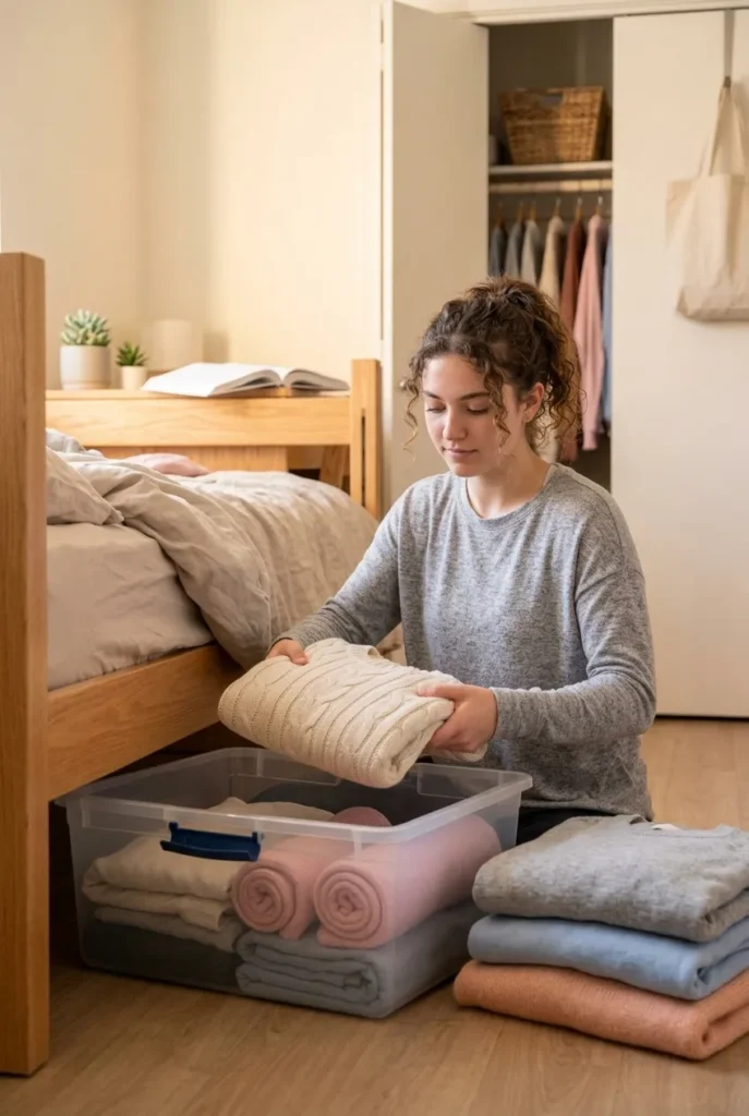 Seasonal swap moving sweaters to under-bed storage for tiny dorm closet organization
