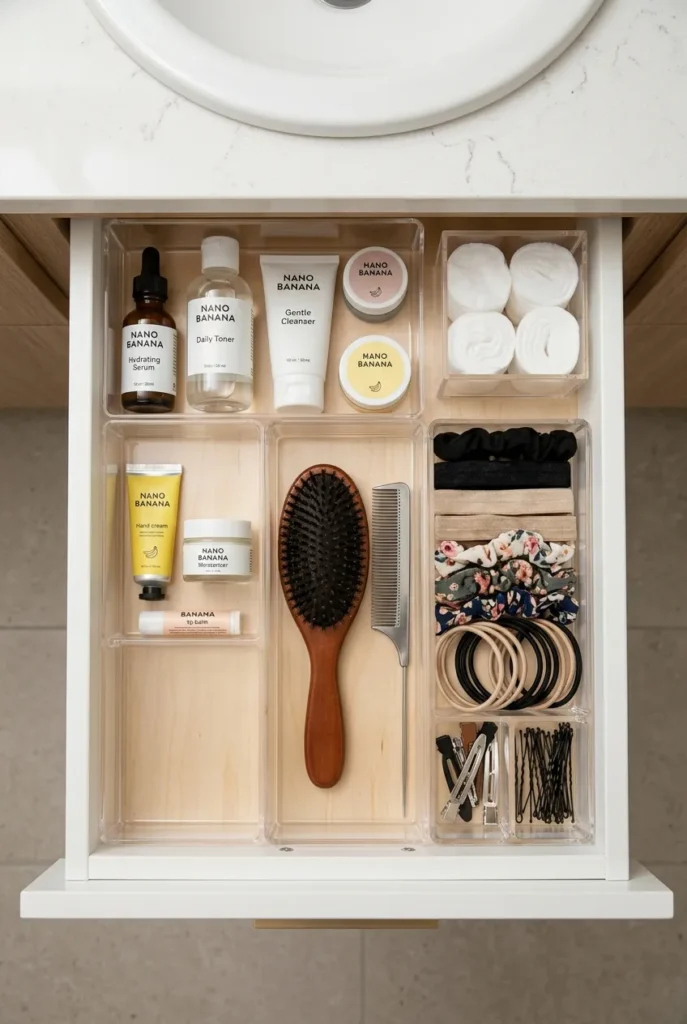 Acrylic drawer dividers organizing a bathroom vanity drawer on a budget