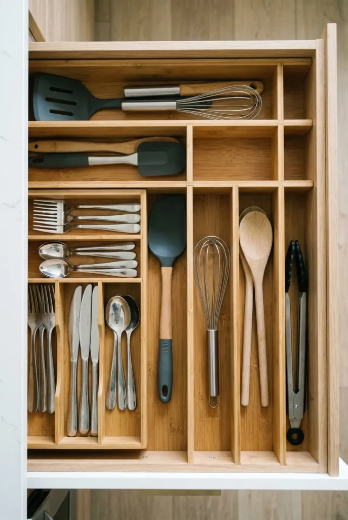 Drawer dividers organizing utensils in a small kitchen drawer from above