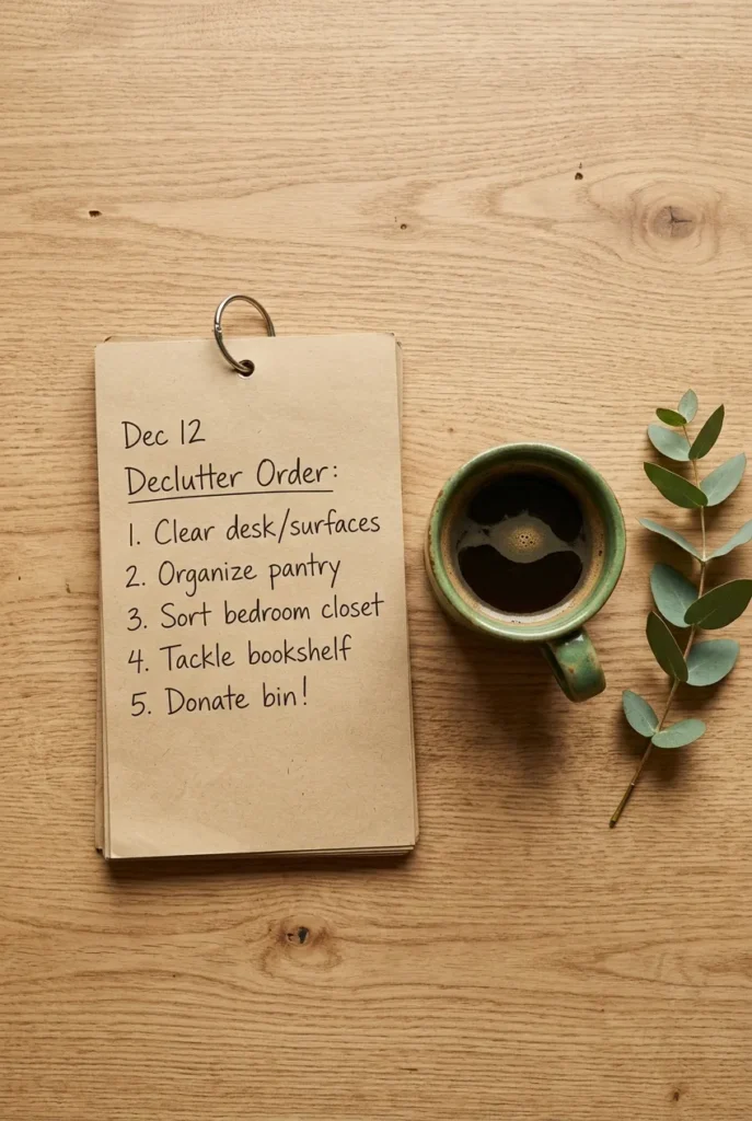 The easy-first decluttering order written on a notepad, a simple where to start decluttering plan