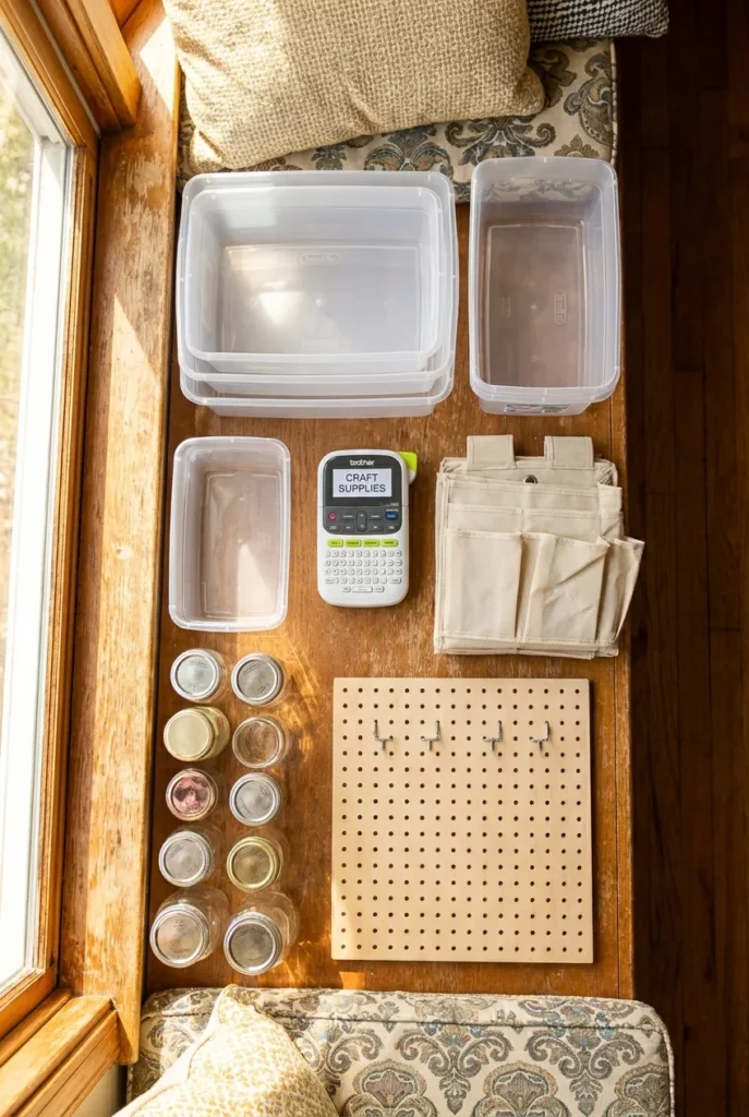 Budget craft room starter kit with clear bins jars and pegboard under fifty dollars