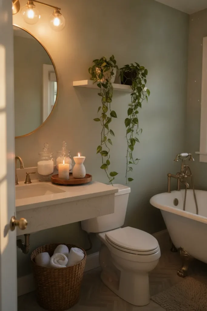 Finished budget bathroom organization aesthetic with plants, warm light, and jars