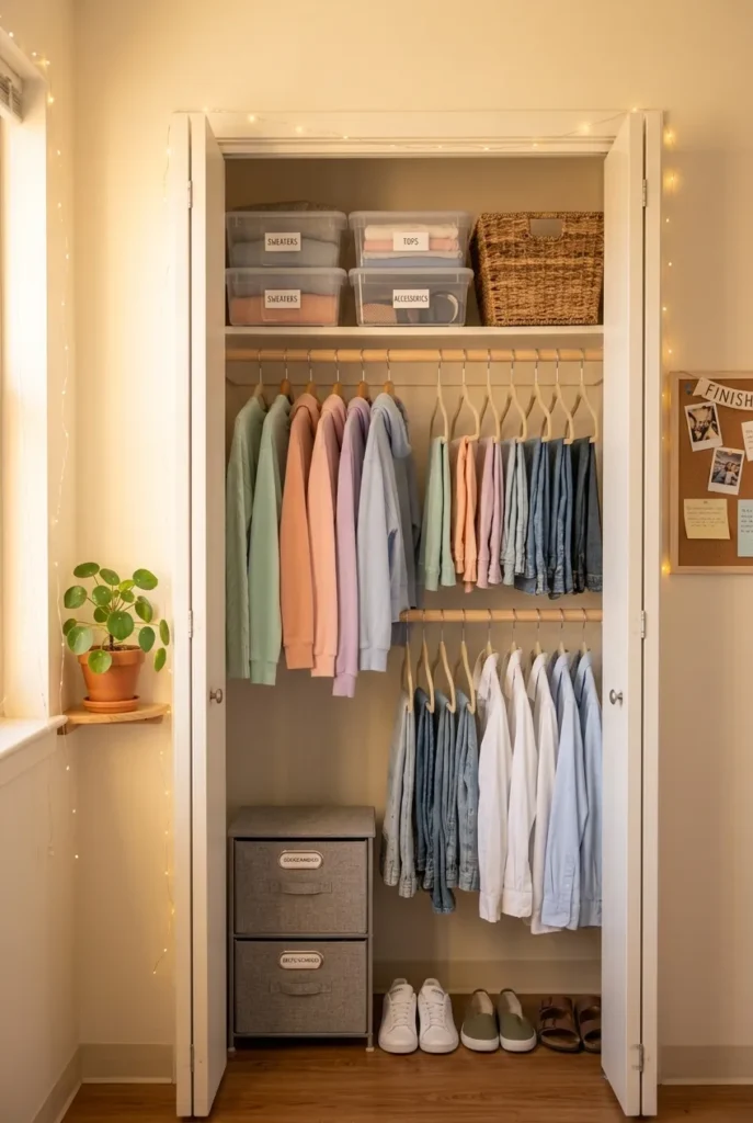 Finished dorm closet organization after a move-in weekend setup