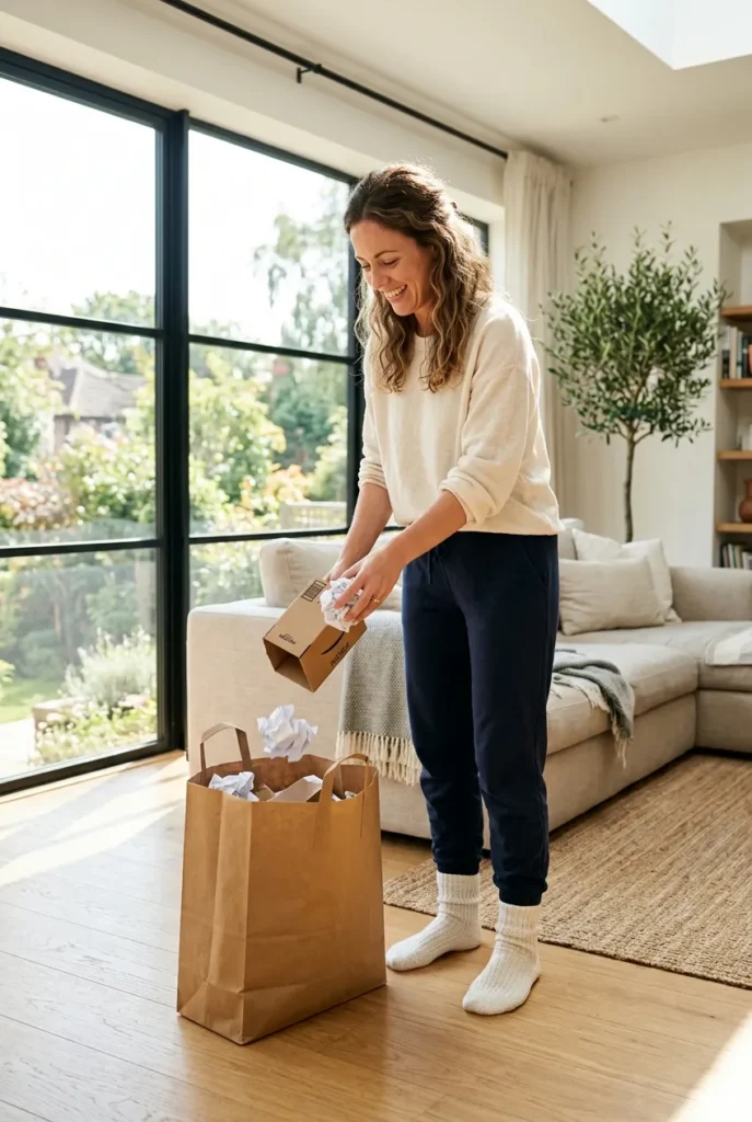 Woman doing a five minute trash sweep to start decluttering when overwhelmed