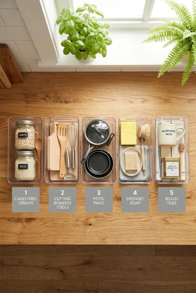 Five kitchen zones laid out as labeled bins for a cabinet layout plan