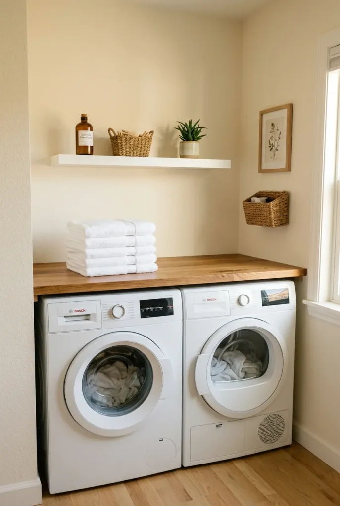 Countertop fold station over machines for small laundry room organization