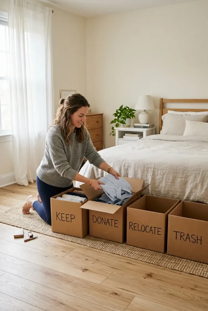 Four box decluttering sort with keep donate relocate and trash boxes